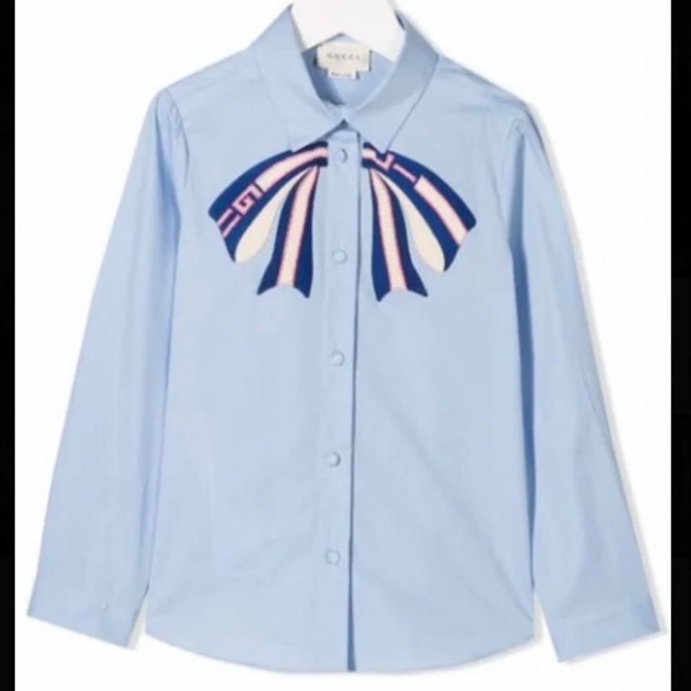 Gucci Girls Bow Cotton Button Down Blouse